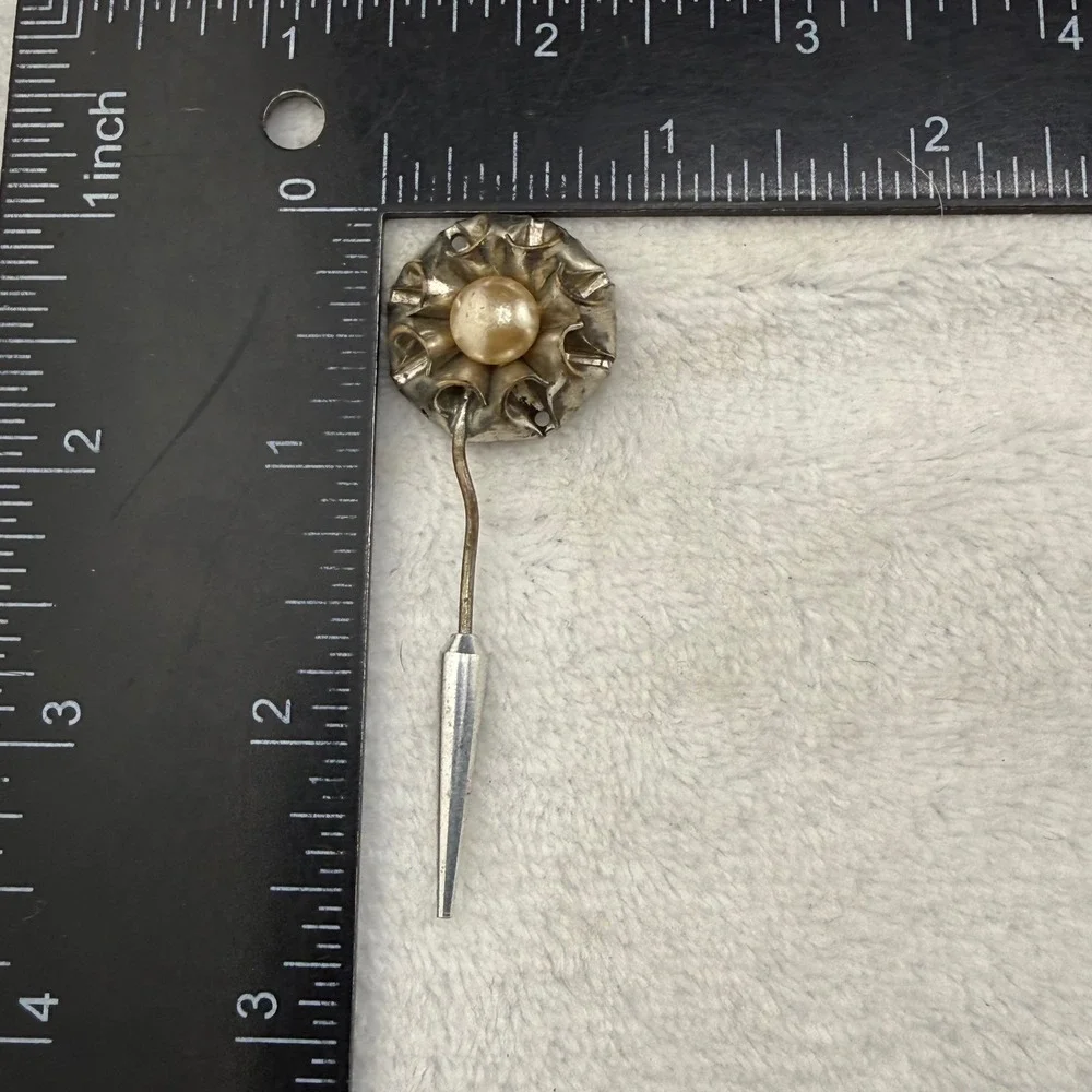 Vintage Stick Pin Silver Tone Flower Faux Pearl Textured Lapel READ